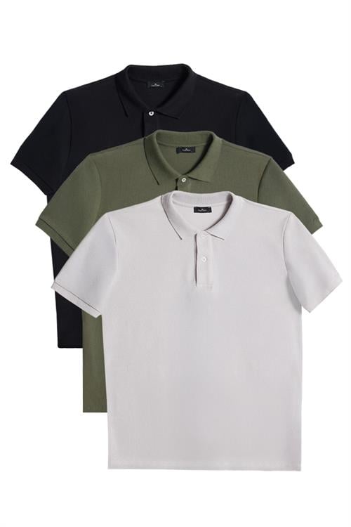 Erkek 3lü Paket Siyah-Yeşil-Gri Slim Fit Dar Kesim Pamuklu Düz Pike Polo Yaka Tişört