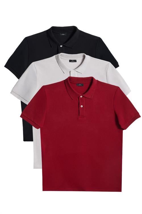 Erkek 3lü Paket Bordo-Gri-Siyah Slim Fit Dar Kesim Pamuklu Düz Pike Polo Yaka Tişört