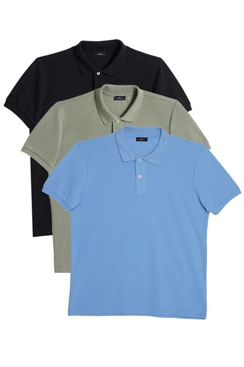 Erkek 3lü Paket Siyah-Haki-Açık Mavi Slim Fit Dar Kesim Pamuklu Düz Pike Polo Yaka Tişört