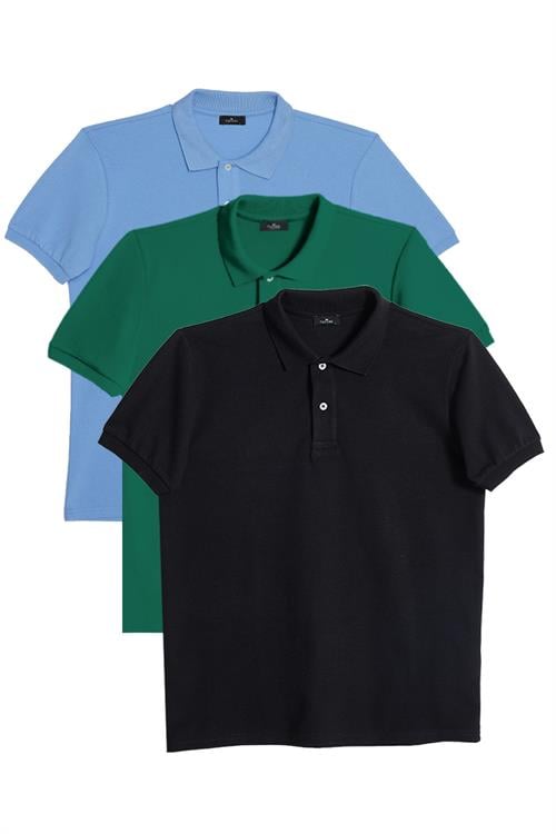 Erkek 3lü Paket Siyah-Yeşil-Mavi Slim Fit Dar Kesim Pamuklu Düz Pike Polo Yaka Tişört