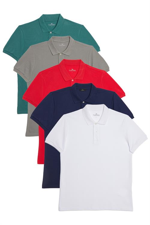 Erkek Slim Fit %100 Pamuk Yumuşak Doku 5li Lacivert-Beyaz-Kırmızı-Taş-Mavi Düz Polo Yaka Tişört