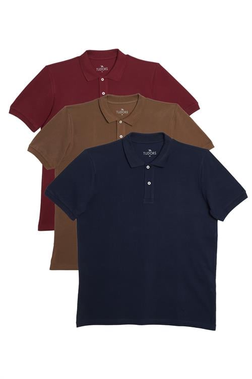 Erkek Regular Fit %100 Pamuk 3lü Bordo-Kahverengi-Lacivert Pike Polo Yaka Tişört