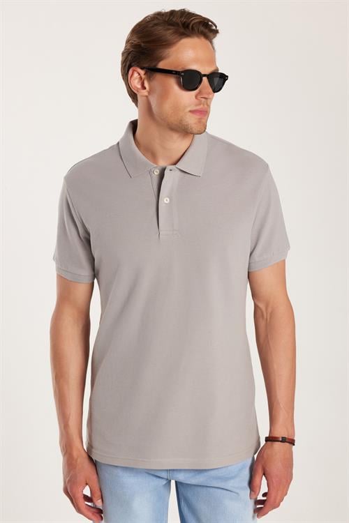 Erkek Slim Fit Dar Kesim %100 Pamuk Gri Polo Yaka Tişört