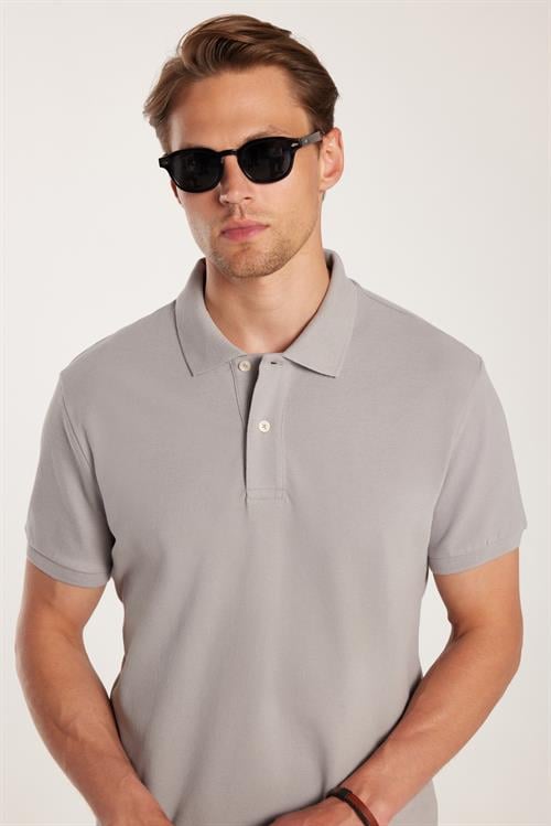 Erkek Slim Fit Dar Kesim %100 Pamuk Gri Polo Yaka Tişört