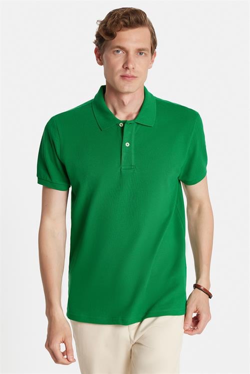 Erkek Slim Fit Dar Kesim %100 Pamuk Yeşil Polo Yaka Tişört