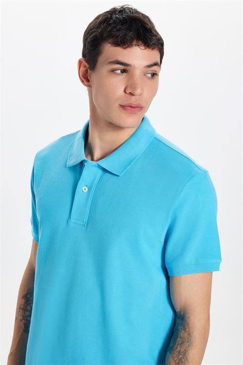 Erkek Slim Fit Dar Kesim %100 Pamuk Mavi Polo Yaka Tişört