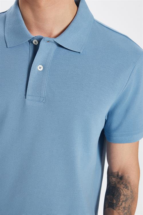 Erkek Slim Fit Dar Kesim %100 Pamuk Mavi Polo Yaka Tişört