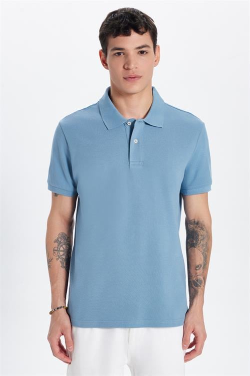 Erkek Slim Fit Dar Kesim %100 Pamuk Mavi Polo Yaka Tişört