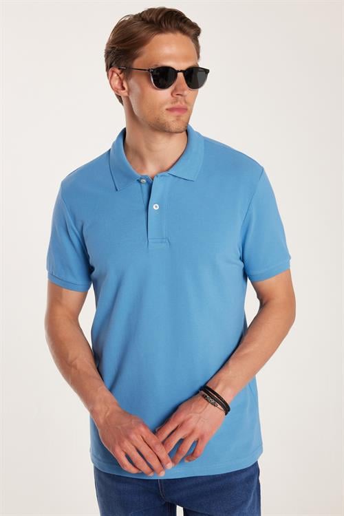 Erkek Slim Fit Dar Kesim %100 Pamuk Mavi Polo Yaka Tişört