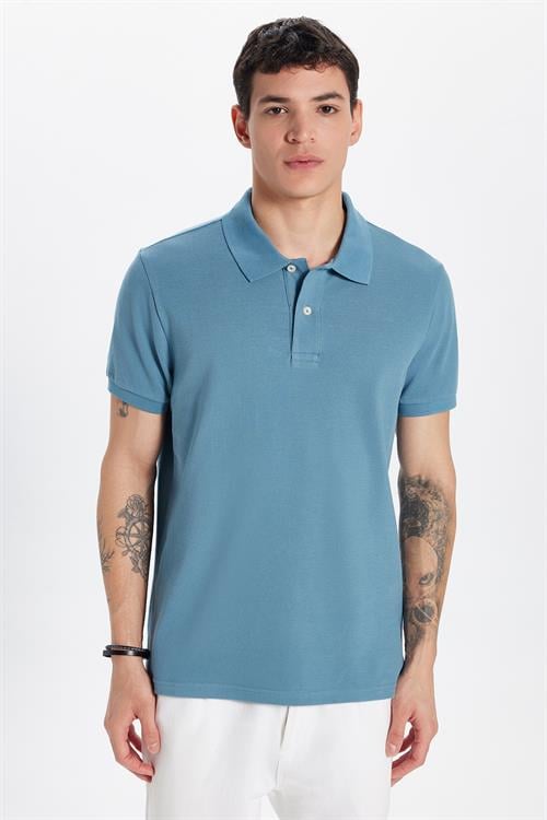 Erkek Slim Fit Dar Kesim %100 Pamuk İndigo Polo Yaka Tişört