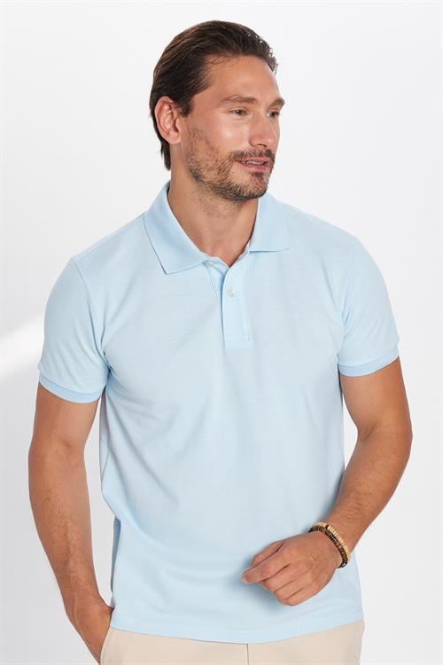 Erkek Slim Fit Dar Kesim %100 Pamuk Açık Mavi Polo Yaka Tişört