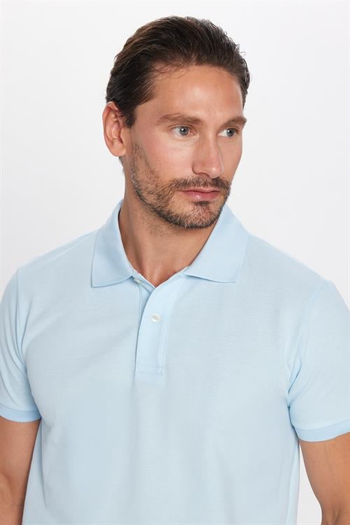 Erkek Slim Fit Dar Kesim %100 Pamuk Açık Mavi Polo Yaka Tişört
