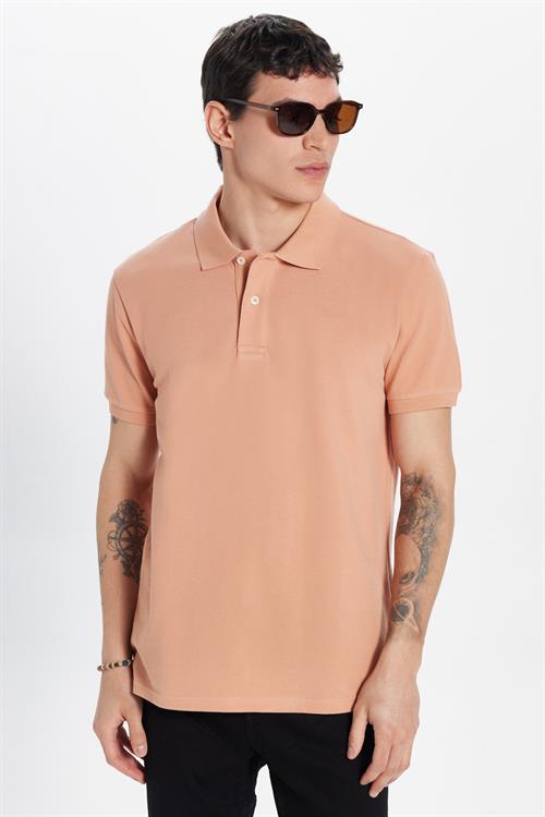Erkek Slim Fit Dar Kesim %100 Pamuk Somon Polo Yaka Tişört