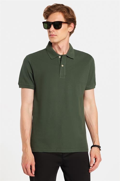 Erkek Slim Fit Dar Kesim %100 Pamuklu Yeşil Polo Yaka Tişört