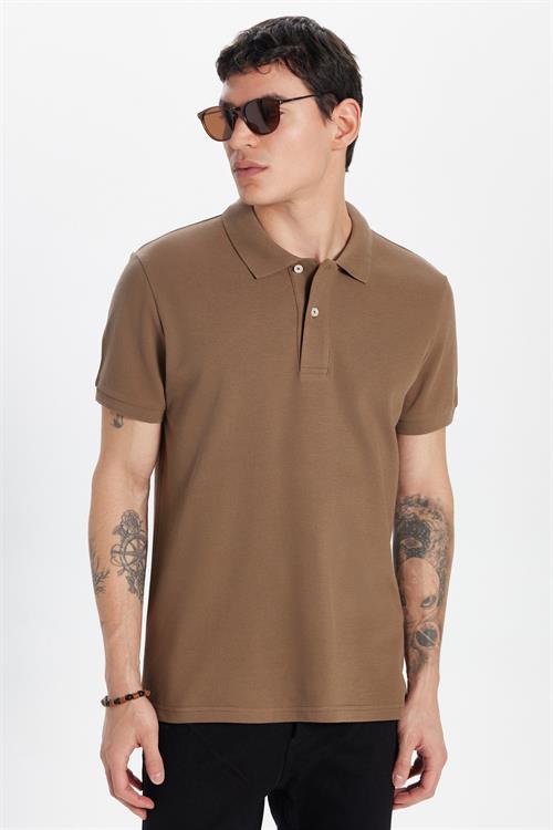 Erkek Slim Fit Dar Kesim %100 Pamuk Kahverengi Polo Yaka Tişört