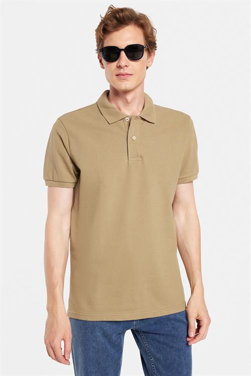Erkek Slim Fit Dar Kesim %100 Pamuk Haki Polo Yaka Tişört