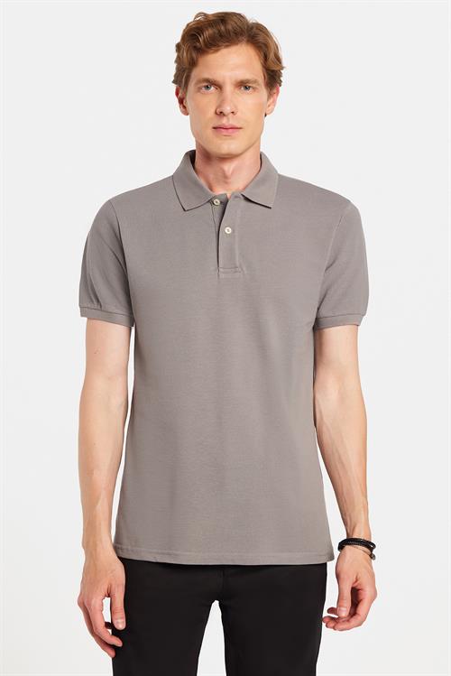 Erkek Slim Fit Dar Kesim %100 Pamuklu Gri Polo Yaka Tişört