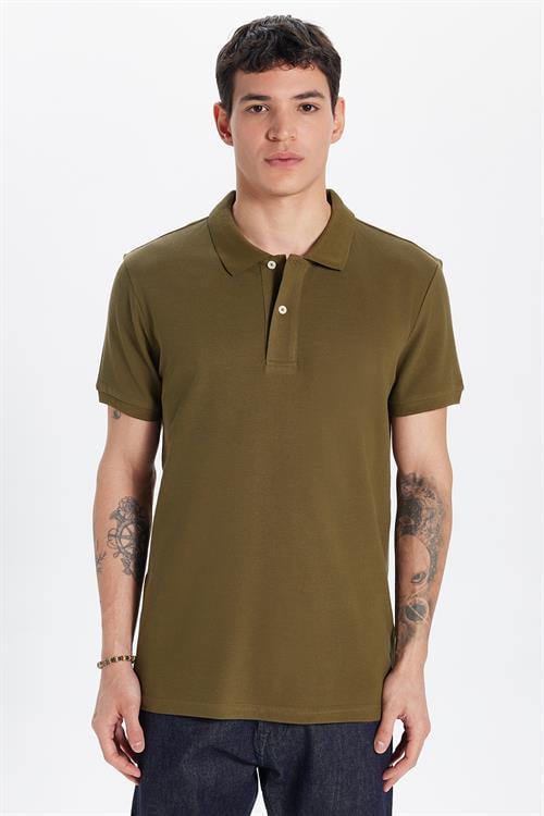 Erkek Slim Fit Dar Kesim %100 Pamuk Haki Polo Yaka Tişört