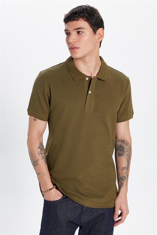 Erkek Slim Fit Dar Kesim %100 Pamuk Haki Polo Yaka Tişört