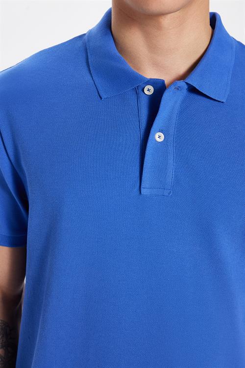 Erkek Slim Fit Dar Kesim %100 Pamuk Koyu Mavi Polo Yaka Tişört