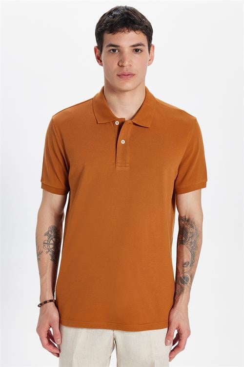 Erkek Slim Fit Dar Kesim %100 Pamuk Kahverengi Polo Yaka Tişört