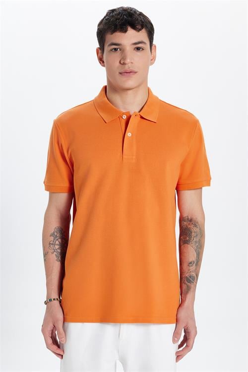 Erkek Slim Fit Dar Kesim %100 Pamuk Turuncu Polo Yaka Tişört