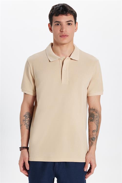 Erkek Slim Fit Dar Kesim %100 Pamuk Bej Polo Yaka Tişört