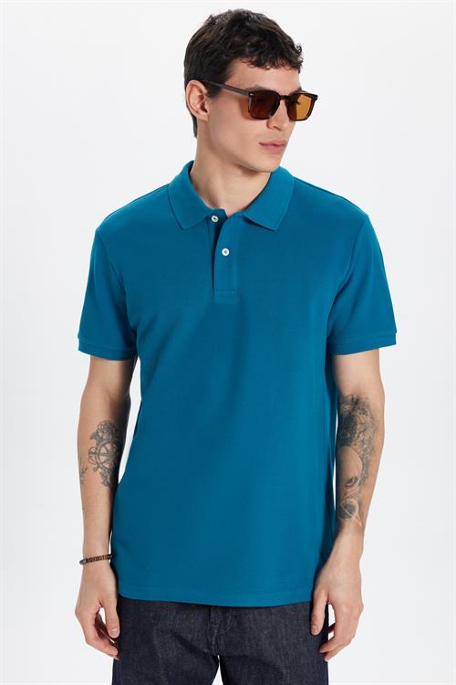 Erkek Slim Fit Dar Kesim %100 Pamuk Mavi Polo Yaka Tişört
