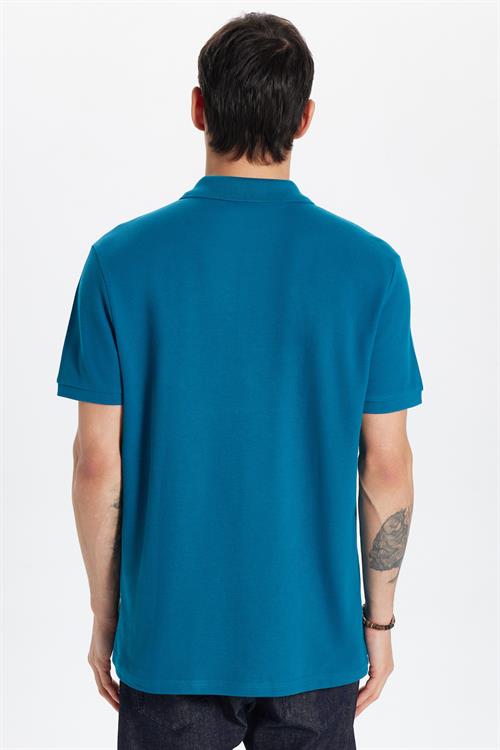Erkek Slim Fit Dar Kesim %100 Pamuk Mavi Polo Yaka Tişört