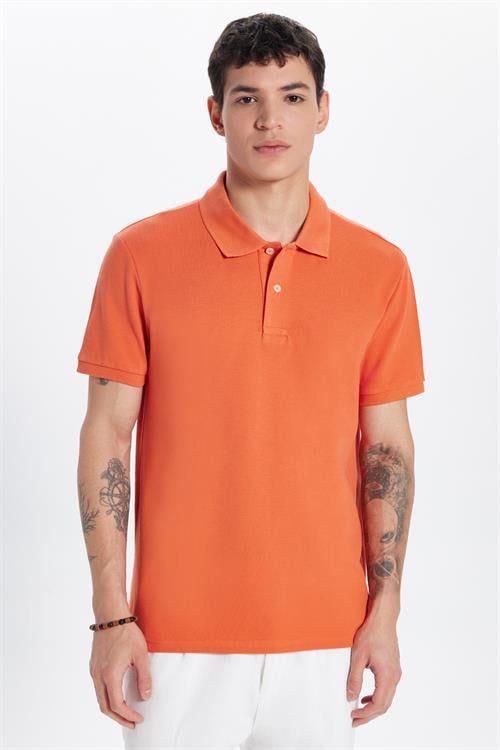 Erkek Slim Fit Dar Kesim %100 Pamuk Turuncu Polo Yaka Tişört