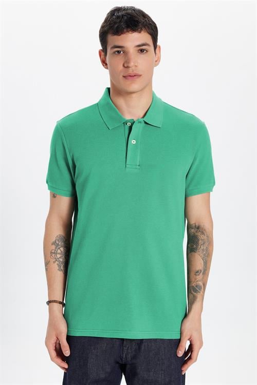 Erkek Slim Fit Dar Kesim %100 Pamuk Yeşil Polo Yaka Tişört