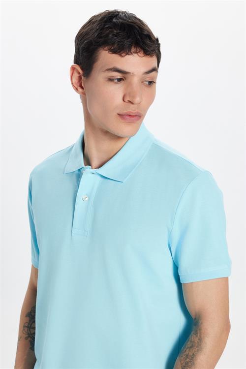 Erkek Slim Fit Dar Kesim %100 Pamuk Mavi Polo Yaka Tişört