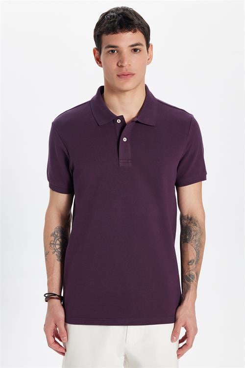 Erkek Slim Fit Dar Kesim %100 Pamuk Mürdüm Polo Yaka Tişört