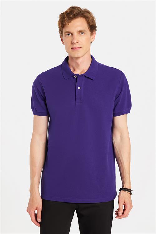 Erkek Slim Fit Dar Kesim %100 Pamuk Mor Polo Yaka Tişört