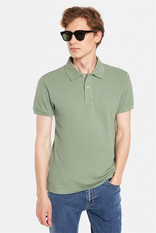 Erkek Slim Fit Dar Kesim %100 Pamuk Yeşil Polo Yaka Tişört