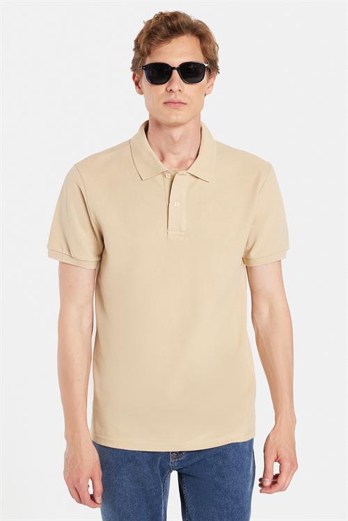 Erkek Slim Fit Dar Kesim %100 Pamuk Bej Polo Yaka Tişört