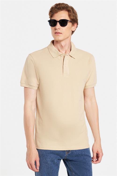 Erkek Slim Fit Dar Kesim %100 Pamuk Bej Polo Yaka Tişört