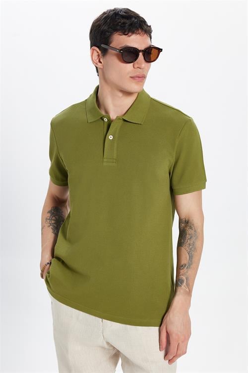 Erkek Slim Fit Dar Kesim %100 Pamuk Haki Polo Yaka Tişört