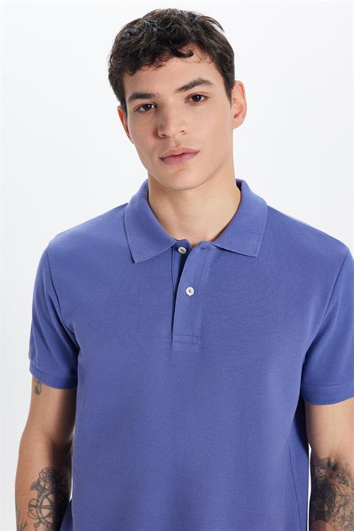 Erkek Slim Fit Dar Kesim %100 Pamuk Koyu Lila Polo Yaka Tişört