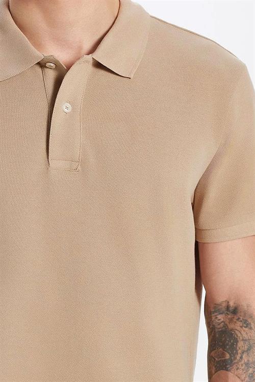 Erkek Slim Fit Dar Kesim %100 Pamuk Bej Polo Yaka Tişört