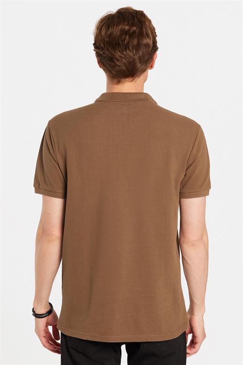Erkek Slim Fit Dar Kesim %100 Pamuk Kahverengi Polo Yaka Tişört