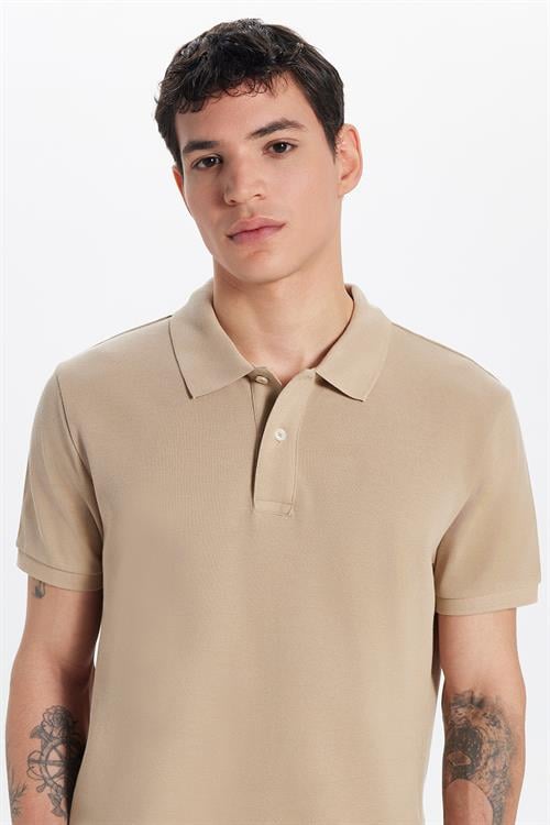 Erkek Slim Fit Dar Kesim %100 Pamuk Bej Polo Yaka Tişört