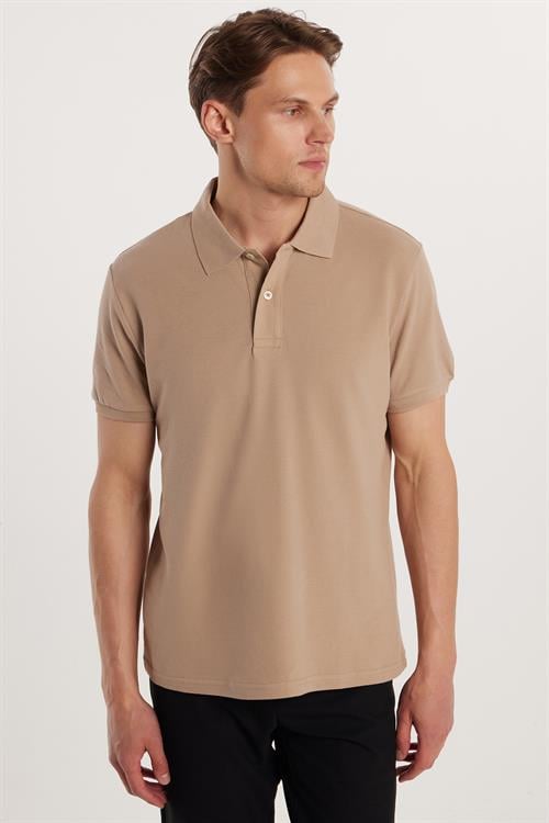 Erkek Slim Fit Dar Kesim %100 Pamuk Bej Polo Yaka Tişört