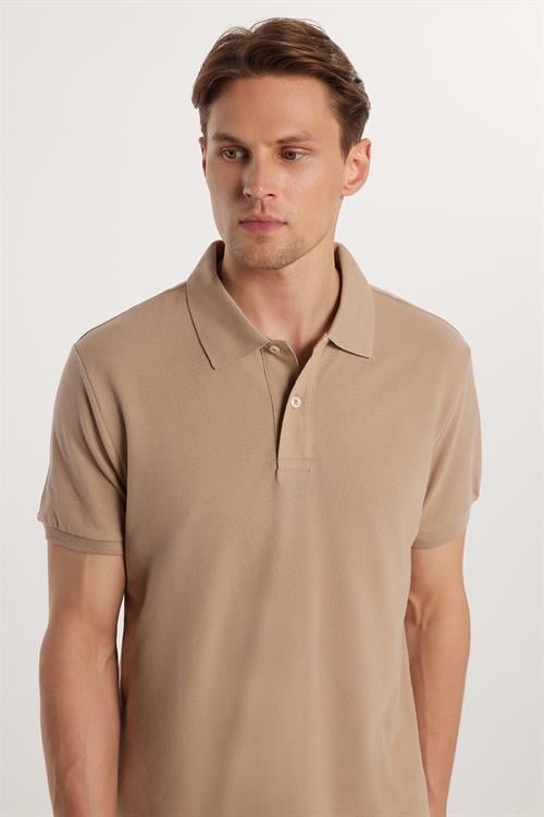 Erkek Slim Fit Dar Kesim %100 Pamuk Bej Polo Yaka Tişört