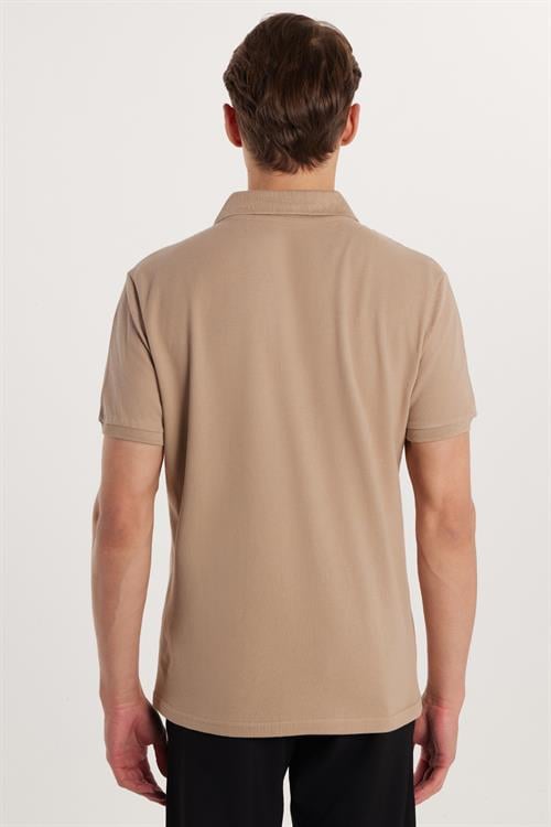 Erkek Slim Fit Dar Kesim %100 Pamuk Bej Polo Yaka Tişört