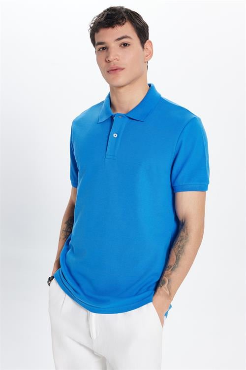 Erkek Slim Fit Dar Kesim %100 Pamuk İndigo Polo Yaka Tişört