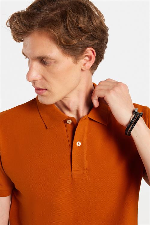 Erkek Slim Fit Dar Kesim %100 Pamuk Kiremit Polo Yaka Tişört