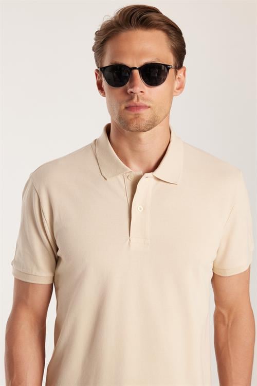 Erkek Slim Fit Dar Kesim %100 Pamuk Bej Polo Yaka Tişört