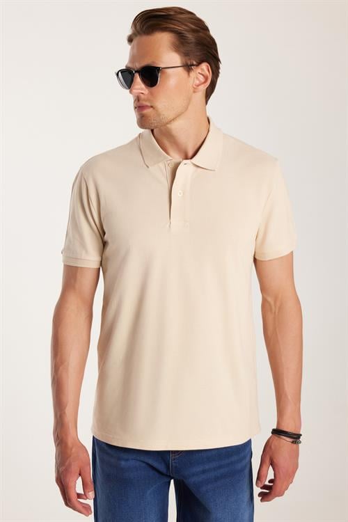 Erkek Slim Fit Dar Kesim %100 Pamuk Bej Polo Yaka Tişört