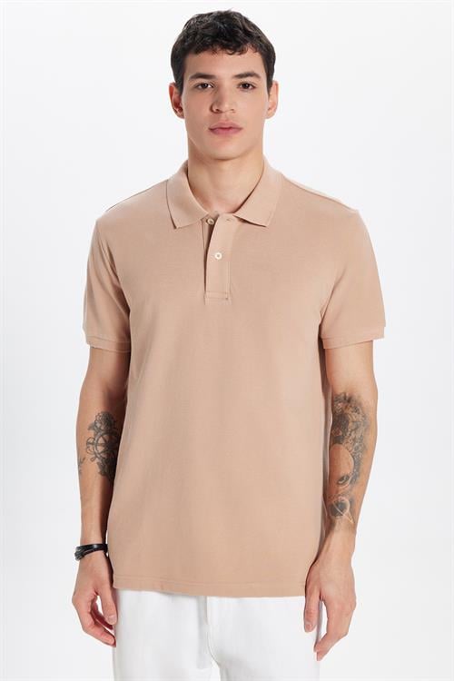 Erkek Slim Fit Dar Kesim %100 Pamuk Vizon Polo Yaka Tişört